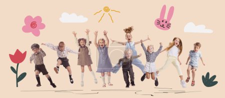 Photo for Creative collage with happy kid, children having fun, playing over pastel background with drawings, doodles elements. Concept of school holidays, spring, happiness, carefree, childhood. - Royalty Free Image