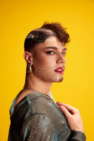 Photo for Portrait of male model with make up of woman and man showcase inclusivity and diversity in beauty standards. Concept of self-expression, fashion and style, beauty, lifestyle. Ad - Royalty Free Image