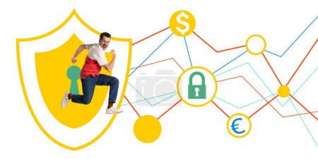 Photo for Contemporary art collage. Man running out of Security lock and runs between magnifying glasses, financial symbols, locks connected with lines. Concept of cybersecurity, protection. - Royalty Free Image