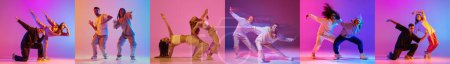 Foto de Collage de energía hecho de retratos dinámicos de personas artísticas, bailando hip-hop se mueve en movimiento contra el fondo colorido en luz de neón. Concepto de cultura, movimiento, música, moda y acción juvenil. - Imagen libre de derechos