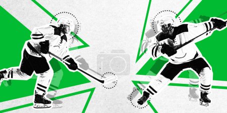 Photo for Poster. Contemporary art collage. Skilled sportsman, hockey player performing goal against background with geometry shapes. Grainy fabric effect. Concept of sport, championship, active games, motion. - Royalty Free Image