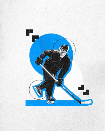 Photo for Poster. Contemporary art collage. focused hockey player defender with key training in action. Grainy fabric effect. Concept of professional sport, championship, tournament, active games, motion. Ad - Royalty Free Image