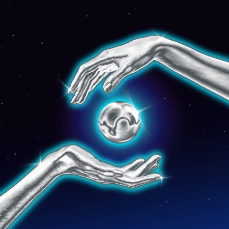 Poster. Contemporary art collage. Two silver hands with floating ball against starry, cosmic background. Futurism art style. Concept of metaverse, space exploration, astronomy, technology. Retro wave