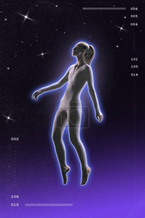 Poster. Contemporary art collage. Woman dressed in ultra-modern costume levitating in space. Futuristic art style. Retro wave. Concept of metaverse, space exploration, astronomy, futurism, technology