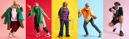 Collage créatif composé de portraits de retraités, femmes et hommes, posant sur fond de studio multicolore. Concept des personnes âgées dans la vie moderne, mode de vie des personnes âgées et vieillissement, personnes âgées actives.