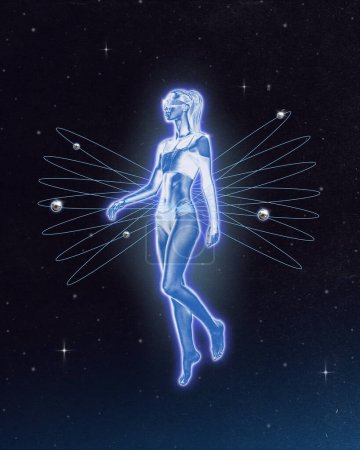Poster. Contemporary art collage. Female figure with wing-like extensions and radiant outline against starry backdrop. Futuristic art style. Concept of metaverse, astronomy, technology. Retro wave