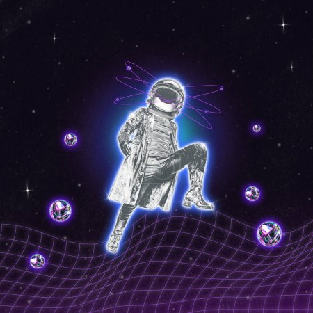 Poster. Contemporary art collage. Man in silver ultra-modern costume looks as astronaut against starry background. Futuristic art style. Concept of metaverse, space exploration, astronomy. Retro wave