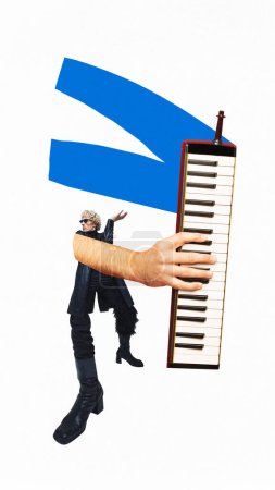 Poster. Modern aesthetic artwork. Young man with long and big hand holds melodica. Concept of music and dance, self-expression, inspiration and creativity. . Trendy urban magazine style