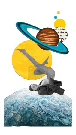 Poster. Contemporary art collage. Young woman lying on back raising legs and playing with other cosmic elements. Concept of metaverse, space exploration, astronomy, futurism, technology progress.