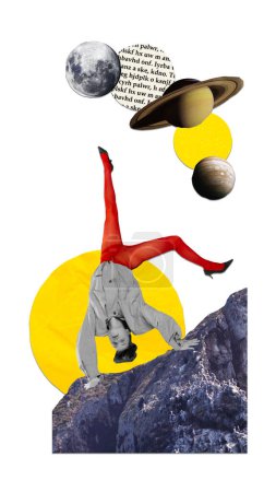 Poster. Modern aesthetic artwork. Woman walking on her hands in outer space exploring new places surrounded planets. Concept of metaverse, space exploration, astronomy, futurism, technology progress.