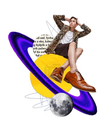 Poster. Modern aesthetic artwork. Surreal composition of a pensive man seated on a stylized comet, near moon, against text. Concept of metaverse, space exploration, astronomy, futurism, technology.