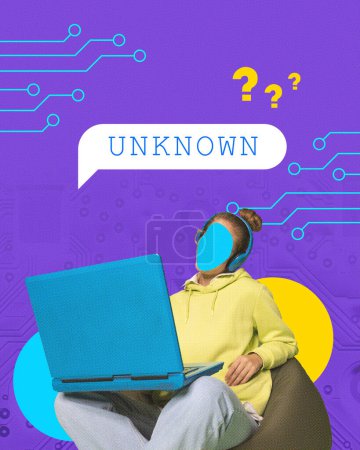 Photo for Modern aesthetic artwork. Unrecognizable woman using laptop with speech bubble with text unknown. Cyber attack. Concept of confidentiality on Internet, cybersecurity, digital crime, safety. Ad - Royalty Free Image