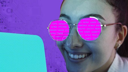 Photo for Modern aesthetic artwork. Young woman in glasses using laptop and encoding reflect in it. Internet safety training. Concept of confidentiality on Internet, cybersecurity, digital crime, safety. Ad - Royalty Free Image