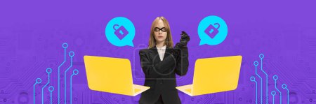 Photo for Banner. Modern aesthetic artwork. Woman, hacker in suit with mask and gloves, between speech bubbles with unlocked locks from laptops. Concept of cybersecurity, digital crime, safety. Ad - Royalty Free Image