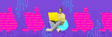 Photo for Banner. Contemporary art collage. Focused woman sitting on using silhouette of yellow laptop against digital backdrop. Concept of confidentiality on Internet, cybersecurity, digital crime, safety. Ad - Royalty Free Image
