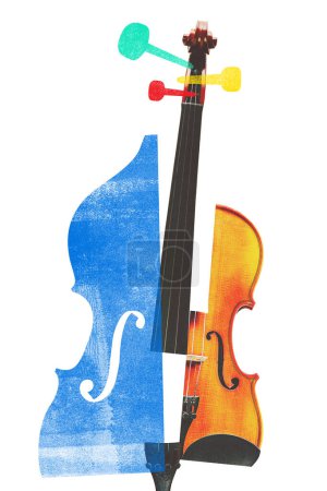 Plakat. Collage zeitgenössischer Kunst. Abstrakte Geige mit blauen und roten Hälften, die traditionelle und digitale Musikmischung repräsentieren. Konzept von Festivals, Konzerten und Partys, klassischer und moderner Kunst.