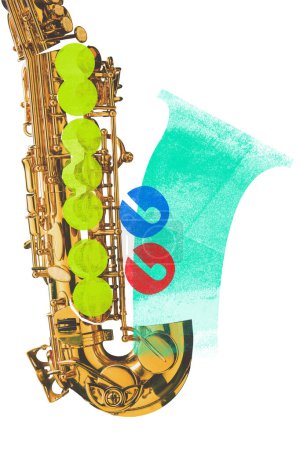 Poster. Contemporary art collage. Saxophone with abstract green bubbles and colorful numbers, suggesting jazz and numerical harmony. Concept of concert and parties, fusion of classic and modern art.