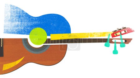 Poster. Contemporary art collage. Acoustic guitar overlaid with vibrant abstract shapes and musical note. Concept of music festivals, concert and parties, fusion of classic and modern art.