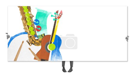 Plakat. Collage zeitgenössischer Kunst. Surreales Saxophon, Gitarre, Drumsticks und eine Person halten dieses Kunstwerk in Händen. Konzept von Musikfestivals, Konzerten und Partys, Verschmelzung von klassischer und moderner Kunst. Anzeige.