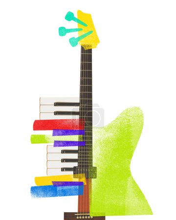 Poster. Contemporary art collage. Electric guitar with abstract colorful shapes. Sense of creativity and musical innovation. Concept of festivals, concert and parties, fusion of classic and modern art