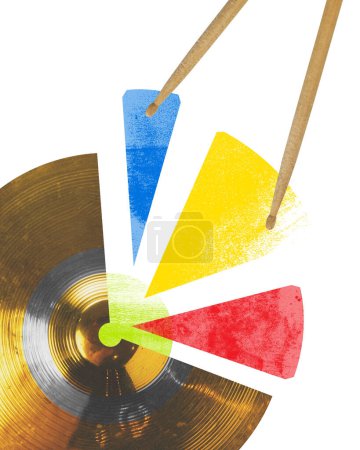 Cartel. collage de arte contemporáneo. Plato con palillos de tambor y formas abstractas de color primario. Ritmo y movimiento musical dinámico. Concepto de festivales de música, conciertos y fiestas, arte clásico y moderno