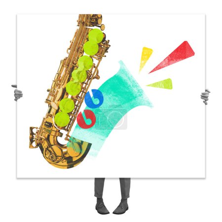 Poster. Contemporary art collage. Billboard with saxophone, colorful bubbles, and abstract shapes hold up by person. music event advertisement. Concept of festivals, concert and parties.