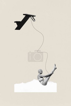 Contemporary art collage. Young woman in black and white filter diving into white piece of paper symbolizing water. Concept of sport, competition, victory, championship, strength and power. Ad