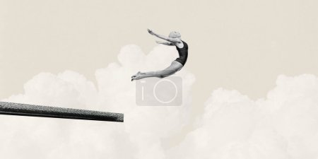 Poster. Contemporary art collage. Young athlete woman jumping to pastel beige clouds symbolizing water. Concept of sport, competition, victory, championship, strength and power. Ad