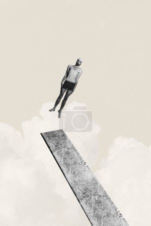 Affiche. Collage d'art contemporain. Homme, nageur flottant de la planche dans les nuages sur fond beige minimaliste. Concept de sport, compétition, victoire, championnat, force et puissance. Publicité
