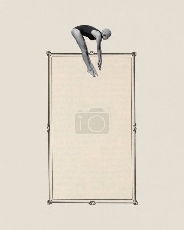 Affiche. Collage d'art contemporain. Femme en posture de plongée posant au bord supérieur du cadre vintage vertical orné sur fond beige. Concept de sport, compétition, victoire, championnat, force. Publicité