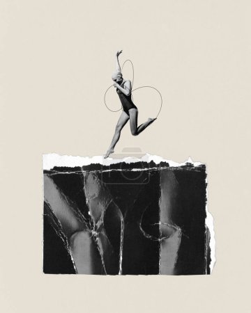 Contemporary art collage. Young woman in black and white filter diving into black piece of paper symbolizing pool. Concept of sport, competition, victory, championship, strength and power. Ad