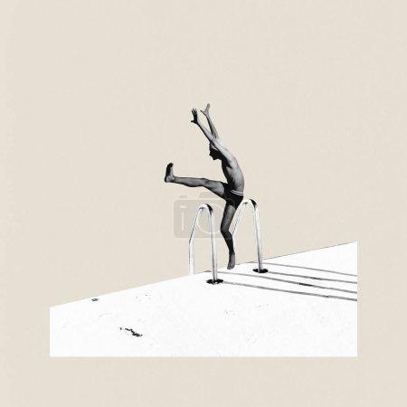 Affiche. Collage d'art contemporain. Homme plongeant depuis la plate-forme, avec des ombres sur fond beige. Design minimaliste. Concept de sport, compétition, victoire, championnat, force et puissance. Publicité