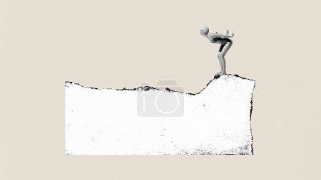 Poster. Contemporary art collage. Young athlete woman in diving clothes stands in position on edge of piece of paper. Concept of sport, competition, victory, championship, strength and power. Ad