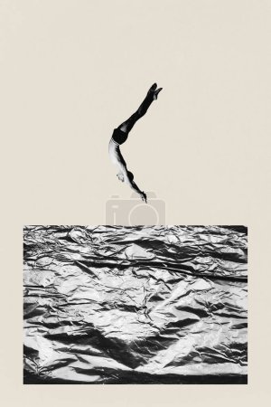 Poster. Contemporary art collage. Young man fly into smashed piece of paper as water against beige background. Minimalist design. Concept of sport, competition, victory, championship, power. Ad