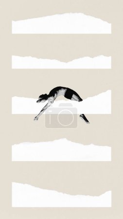 Affiche. Collage d'art contemporain. Jeune homme en filtre monochrome nageant entre des morceaux de papier symbolisant l'eau. Design minimaliste. Concept de sport, compétition, victoire, championnat. Publicité