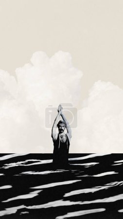 Affiche. Collage d'art contemporain. Image en noir et blanc du plongeur en pose classique, émergeant de l'eau sur fond texturé. Concept de sport, compétition, victoire, championnat, force.