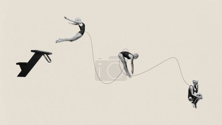 Affiche. Collage d'art contemporain. Plongeurs monochromes dans différentes poses reliées par une ligne noire, à côté d'une planche de plongée disjointe. Concept de sport, compétition, victoire, championnat, force et puissance.