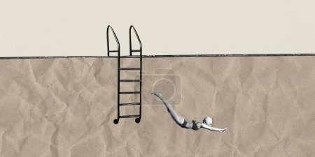 Poster. Contemporary art collage. Monochrome diver in mid-air dive next to pool ladder, with contrast of textured beige background. Concept of sport, competition, victory, championship, strength. Ad