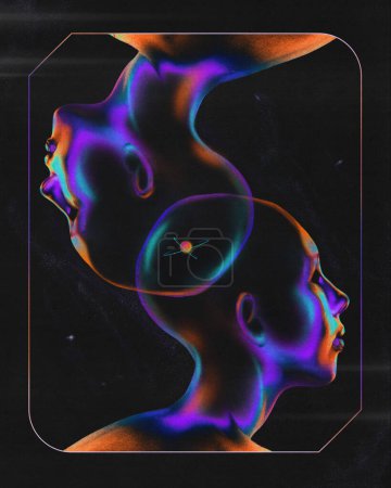 Collage zeitgenössischer Kunst. Verbinden. Frauensilhouette im Neonlicht mit Himmelskörper in der Mitte vor kosmischem Hintergrund. Konzept futuristischer Technologie, moderner Innovationen, menschlicher Berührung.