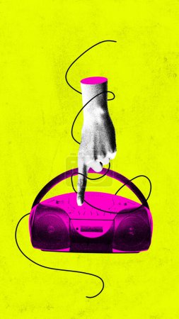 Poster. Contemporary art collage. Hand presses button on radio against yellow background. Vibrant abstract design. Concept of art, vintage things, mix old and modernity. Copy space for ad