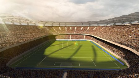 Photo for Aerial view of empty soccer football arena stadium with grass field. 3D render. Cloudy evening sky. Concept of sport, championship, match, game space. Poster, flyer for ad of sport games, events - Royalty Free Image