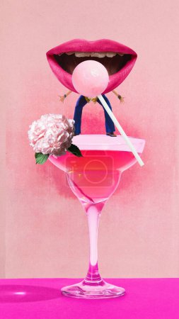 Poster. Contemporary art collage. Young man with pink lips instead of head jumping to Margarita cocktail with lollipop. Concept of party, fun, nightclub, Friday mood, dance, retro. Ad