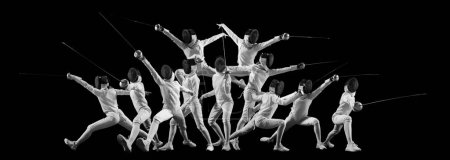 Collage in monochrome filter. Sequence of fencers movements captured in multiple exposures against black background. Concept of professional sport, championship, match, tournament, world cup. Ad