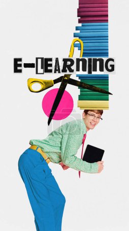 Collage zeitgenössischer Kunst. Junger Mann, Lehrer, digitales Tablet mit Büchern auf dem Kopf, Beschriftung E-Learning mit Schere im Rücken. Konzept von E-Learning, Digitalisierung, Arbeit und Studium online. Anzeige