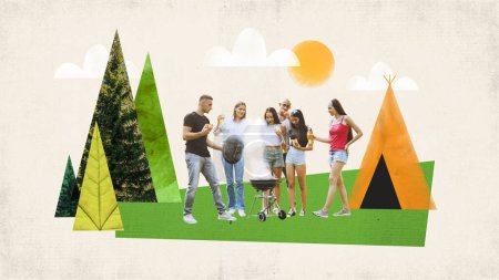 Group of positive young people, friends going on picnic, making fire, barbecue. Forest and tent background. Contemporary art collage. Concept of tourism, active lifestyle, travelling, vacation, hobby