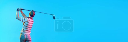 Banner. Rear view portrait of golfer swings in neon light against gradient blue background with negative space to insert text. Concept of professional sport, luxury games, active lifestyle, action. Ad
