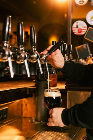 Bartender pouring dark, cold foamy beer from tap into glass at bar with multiple beer dispensers. Serving craft beer from tap. Concept of alcohol drinks, nightlife, party, festivals, Oktoberfest. Ad