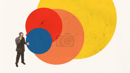 Contemporary art collage. Young man talking on phone stand near colorful circles with negative space to insert text. Concept of business, career, employers, team. Copy space for ad