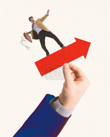 Contemporary art collage. Hand holding red arrow on which balancing young man. Career development. Work life balance. Concept of business, career, employers, team. Copy space for ad