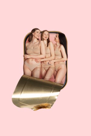 Contemporary art collage. Standards of beauty. Three smiling women in beige underwear posing together, emerging from sardine can. Concept of femininity, female health, human rights, unity